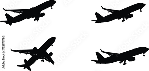 Airplane silhouette set, passenger jet aircraft collection, black airplane icons, commercial plane vector, aviation illustration, flying transportation graphic design, isolated white background