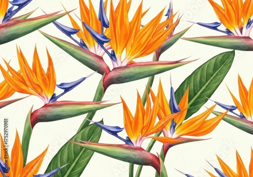 Vibrant Tropical Flower Pattern with Orange and Blue Bird of Paradise Blooms Against Cream Background
