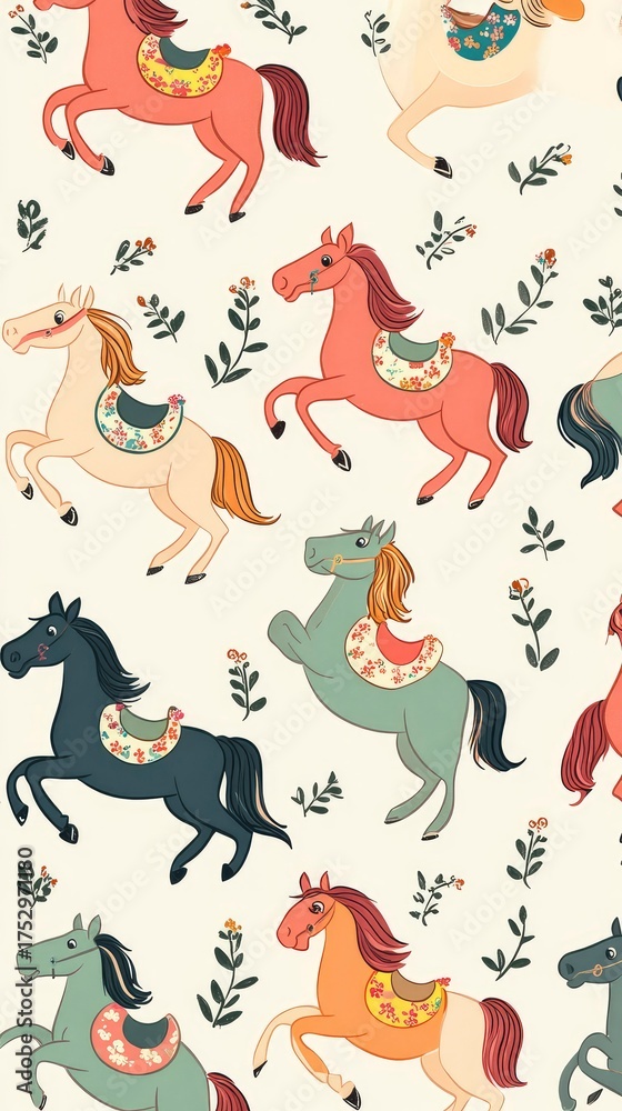 Fototapeta premium Gentle Parade of Horses in Retro Style Repeating Illustration
