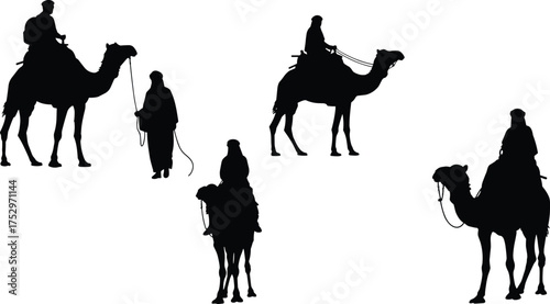 Camel caravan desert silhouette, people riding camels, nomadic travel illustration, Middle Eastern culture, wildlife transportation, desert adventure vector art