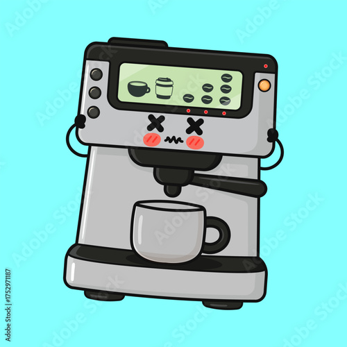 Coffee maker feeling stressed and overcaffeinated with red cheeks