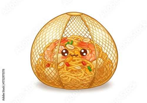 Cute and Whimsical Food Character in a Woven Basket with Noodles and Vegetables