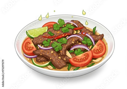 Colorful Plate of Stir-Fried Beef with Fresh Vegetables and Herbs on White Background