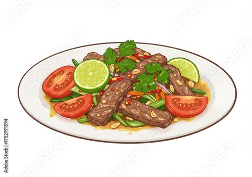 Colorful Plate of Grilled Beef with Vegetables and Lime Garnish on a White Background