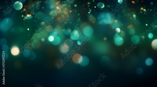 Abstract Christmas, New Year eve, holiday background with green and gold blurry bokeh circle lights