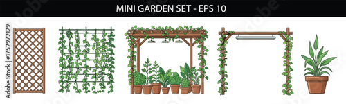 Collection of various garden elements including trellises, pergolas, and potted plants, perfect for landscape design and outdoor decor