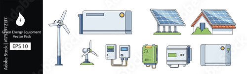 A collection of vector line icons representing renewable energy systems, including solar panels, wind turbines, and home battery storage
