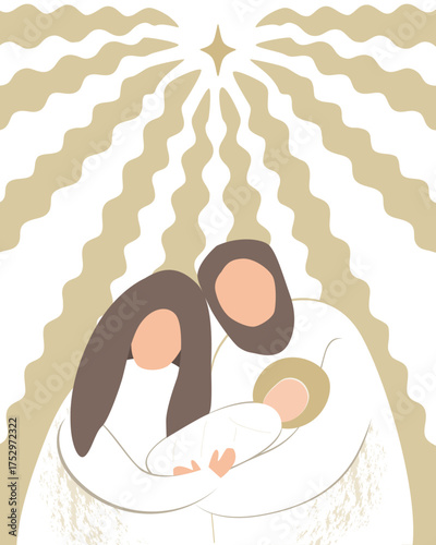 Christmas nativity scene of baby Jesus, Mary and Joseph. Hand drawn stylized bible illustration clipart isolated. Cartoon vector illustration in Scandinavian style