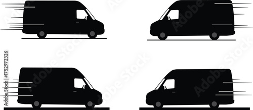 Fast delivery van silhouette, express transportation vehicle, courier service concept, black and white vector illustration, logistics and shipping speed design