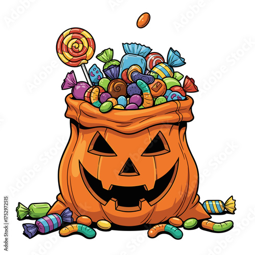 Halloween pumpkin treat bag filled with colorful candies and sweets  