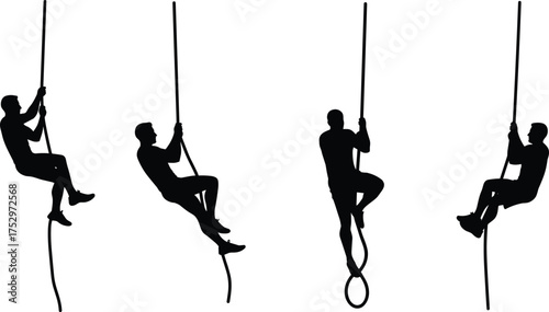 Man climbing rope silhouette, fitness training vector, gym exercise illustration, workout strength concept, athletic male body, climbing activity, isolated black 