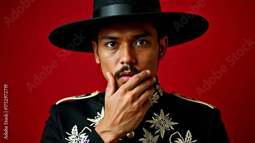 Man in ornate black traditional jacket with white floral embroidery wearing a wide-brimmed black hat against a red background.