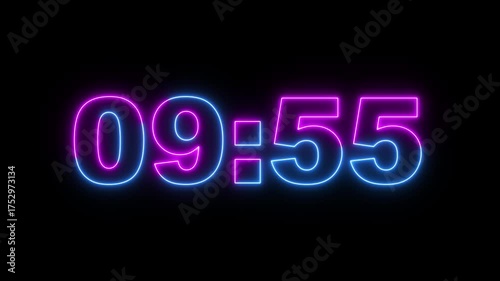 glowing neon 10 minute Countdown timer. neon 10 to 9 minute Countdown timer on black background.