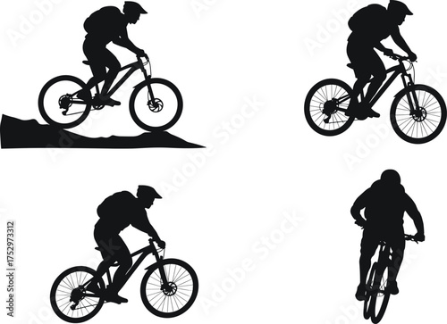 Mountain biker riding downhill and uphill silhouette, extreme cycling adventure illustration, outdoor sport activity, mountain trail biking, fitness lifestyle concept