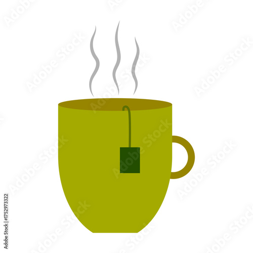 Hot tea cup. Steam Vector beverage illustration. Green bag drink detail. Warm herbal refreshment.