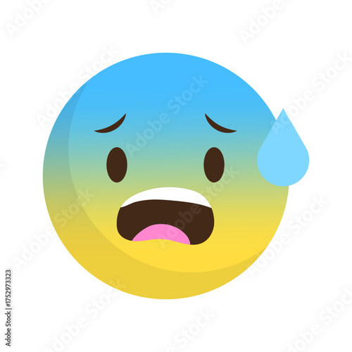Anxious emoji expression. Blue Vector distressed face. Sweat worry symbol. Panic fear emotion.