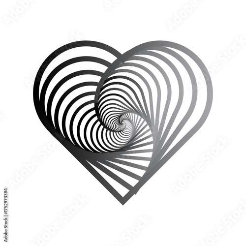 Abstract heart Vector shape. Gradient black white lines. Dynamic swirl volume illusion. Geometric spiral element.