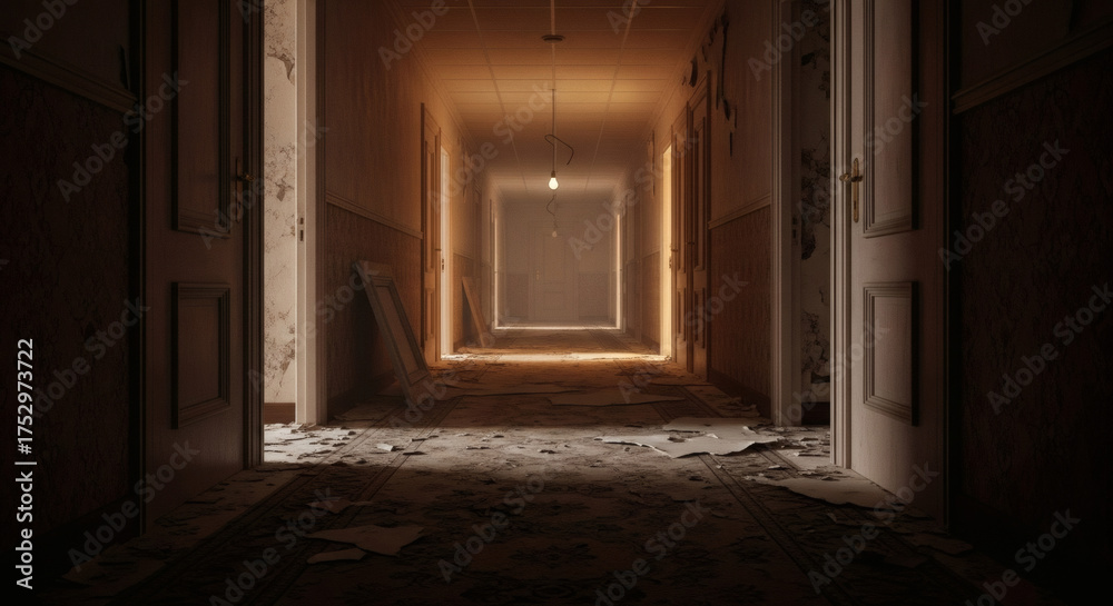 Obraz premium Eerie Illuminated Hallway A Glimpse into Decay and Mystery