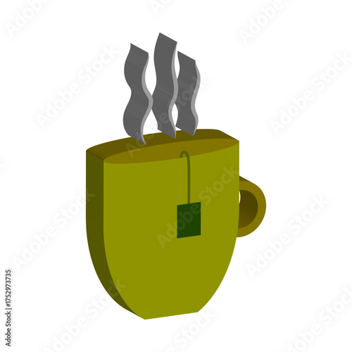 Green hot cup. Tea bag beverage. Steaming drink Vector illustration. Warm aromatic symbol.
