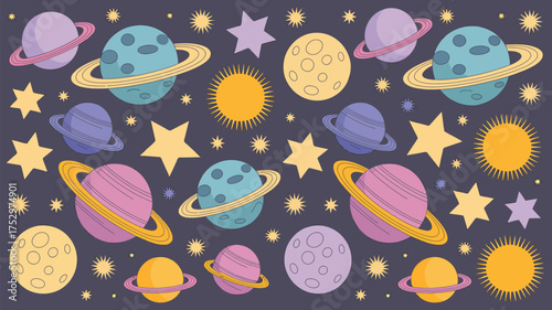 A whimsical pattern of planets, stars, and suns scattered across a dark purple cosmic background