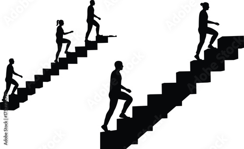 Silhouette of people walking upstairs, teamwork concept, business growth and personal development success, motivation and progress toward goal achievement illustration