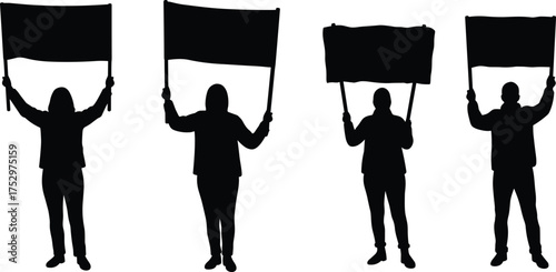 Silhouette of people protesting with blank banners, demonstration illustration, activism, public awareness, freedom of speech, equality, social movement vector design