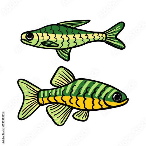 Set of yellow, green fish with black outline on white background. Hand-drawn vector illustration. Ideal stickers, kids' products, textiles, wallpapers, marine-themed designs. Isolated marine animals