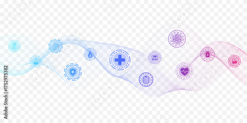 Modern health care banner template with flat icons. Medical innovation concept for header, web banner, website, presentation. Vector illustration