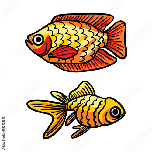 Set of yellow, orange fish with black outline on white background. Hand-drawn vector illustration. Ideal stickers, kids' products, textiles, wallpapers, marine-themed designs. Isolated marine animals
