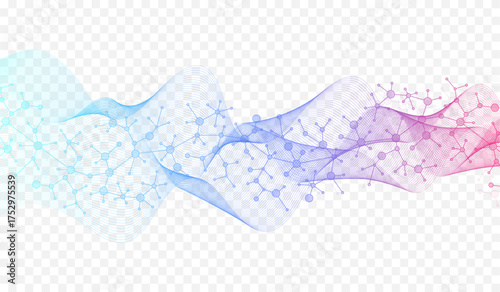 Colorful molecules background with DNA helix, DNA strand, DNA Test. Molecule or atom, neurons. Abstract structure for science, healthcare or medical background, banner. Scientific vector illustration