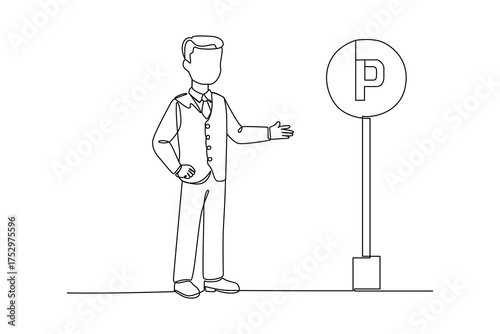 Simple continuous line drawing of parking attendant. Parking area minimalist concept, parking activity.