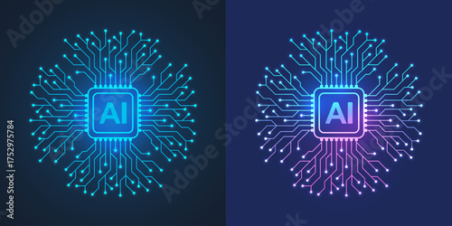Artificial intelligence icon, sign, logo in the circuit line style. AI processor vector icon flat design. Motherboard digital chip AI. Machine learning design