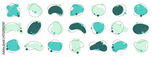 Liquid abstract blobs with circles. Turquoise organic shapes with playful style. Design made for backgrounds and decoration