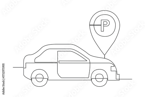 Simple continuous line drawing of the car is parked. Parking area minimalist concept, parking activity.