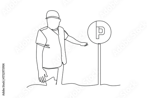 Simple continuous line drawing of parking attendants and parking signs. Parking area minimalist concept, parking activity.