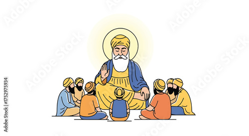 Illustration of a bearded man in traditional clothing sitting with five people in a circle on a