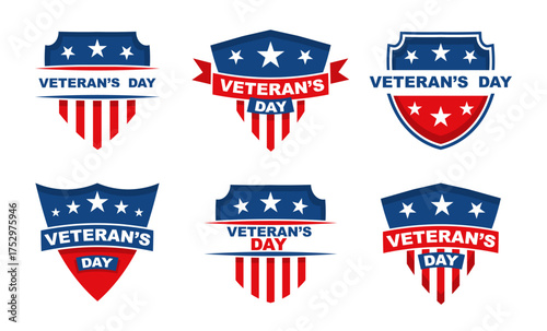 Veterans day shield set. Red and blue emblems with stars and stripes honoring service and military commemoration