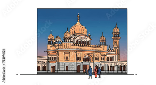 A large, ornate temple with people in front, captured against a clear blue sky.