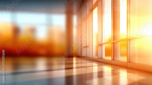 Bright and airy interior space with large windows showcasing a sunset view and soft reflections on the floor