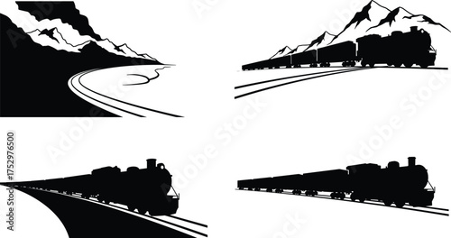 Steam train silhouette on mountain railway track, vintage locomotive travel, retro transportation scene, scenic journey illustration, adventure landscape design