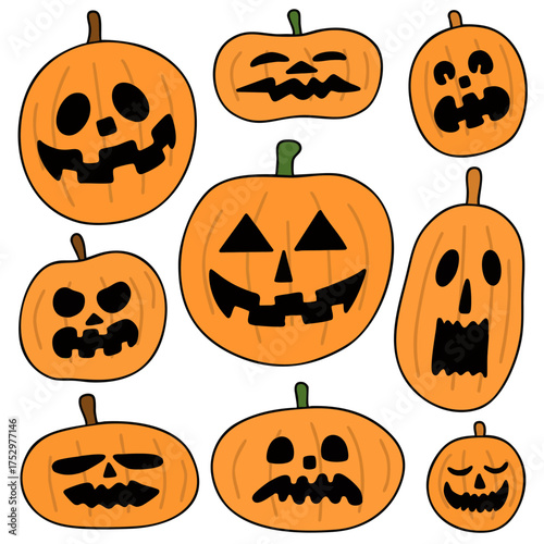 할로윈 호박 잭오랜턴 캐릭터 라인드로잉(halloween pumpkin character line drawing set)