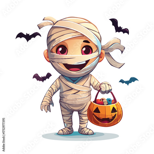 Smiling mummy child with pumpkin candy bucket