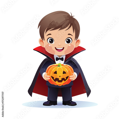 Cheerful vampire boy holding grinning pumpkin