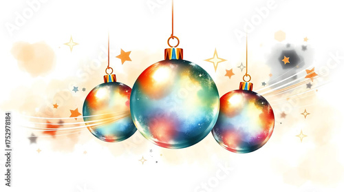 Bright iridescent Christmas tree ornaments with festive stars on a white background