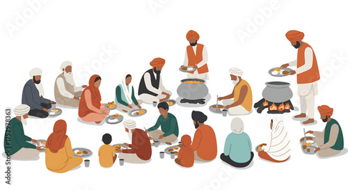 Illustration of a group of people wearing traditional clothing sitting and standing while preparing
