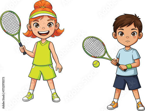 Cartoon children playing tennis, boy and girl with rackets, sports activity, teamwork, outdoor fun, healthy lifestyle, kids competition, vector illustration