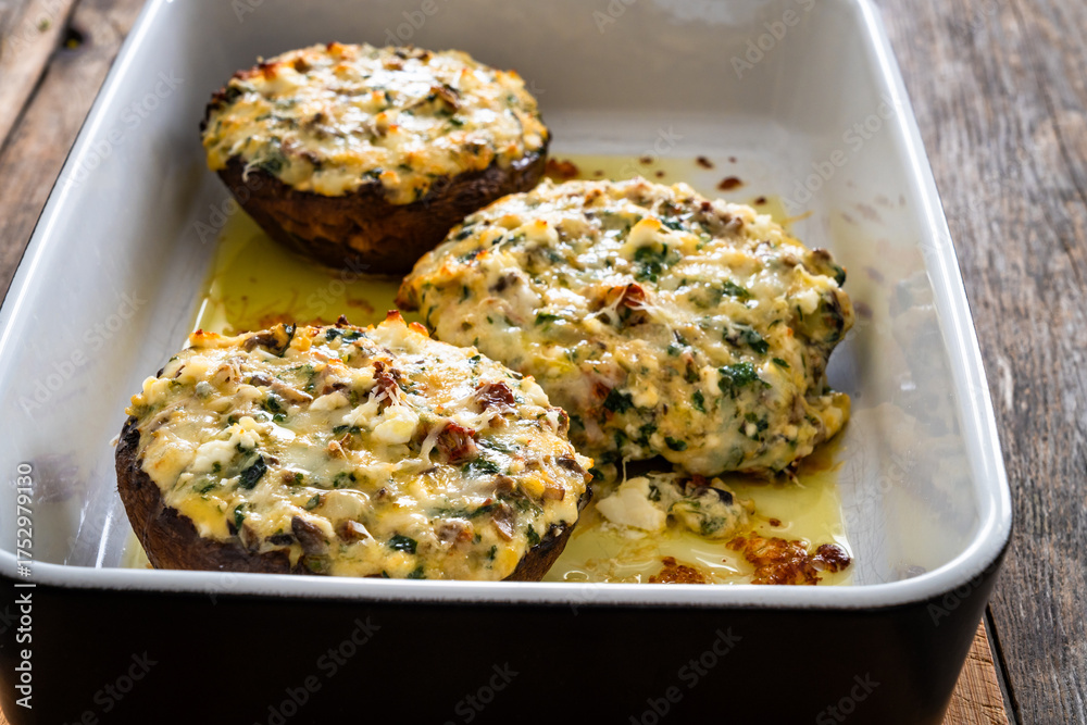Fototapeta premium Stuffed portobello mushrooms in baking dish on wooden table
