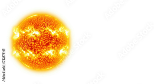 Isolated sun with solar flares and surface details, shining bright in outer space, no background
