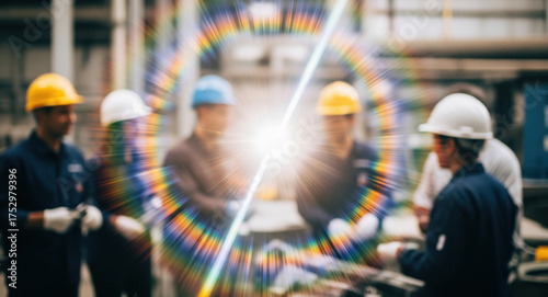Construction workers and engineers in colorful hardhats collaborate at industrial site with rainbow light prism effect. Professional teamwork, safety, and project planning in manufacturing facility.