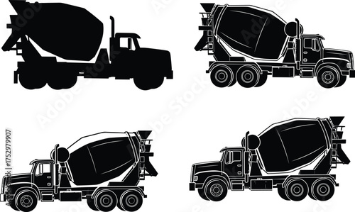 Cement mixer truck silhouette, construction vehicle vector, concrete transport icon, industrial machinery graphic, heavy equipment illustration, side view design